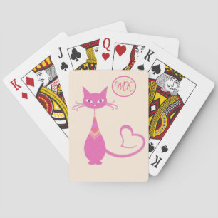 Classic Retro Pink Cat Heart Tail Monogram Poker Cards