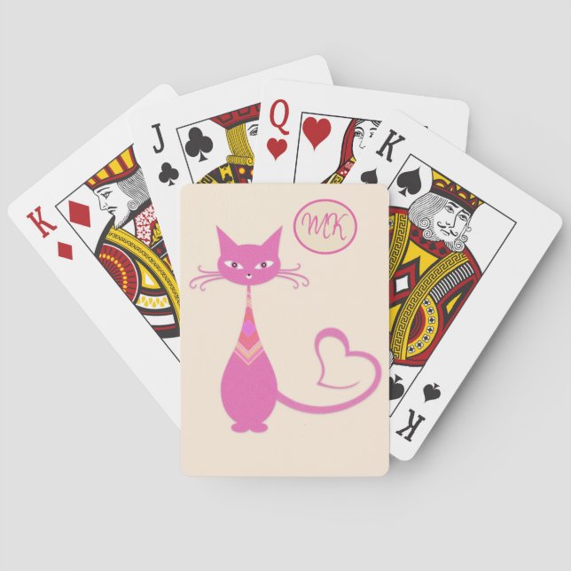 Classic Retro Pink Cat Heart Tail Monogram Poker Cards (Back)