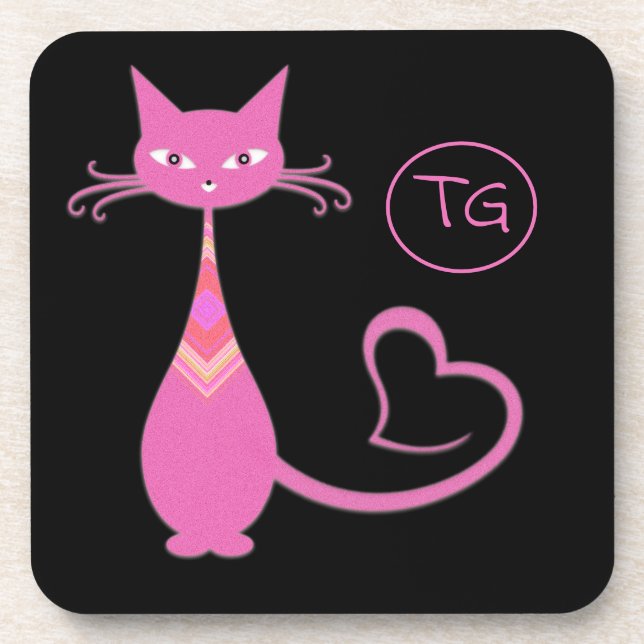 Classic Retro Pink Kitty Cat Heart Tail Monogram Beverage Coaster (Front)