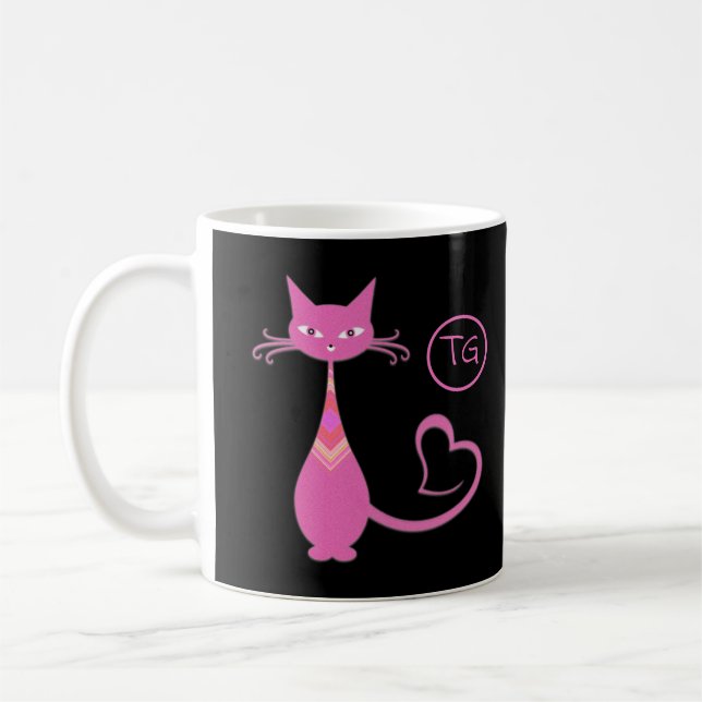 Classic Retro Pink Kitty Cat Heart Tail Monogram Coffee Mug (Left)