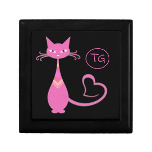 Classic Retro Pink Kitty Cat Heart Tail Monogram Gift Box