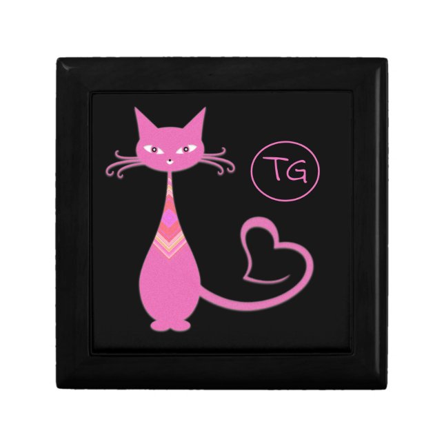 Classic Retro Pink Kitty Cat Heart Tail Monogram Gift Box (Front)