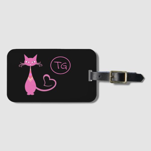 Classic Retro Pink Kitty Cat Heart Tail Monogram Luggage Tag