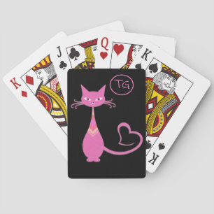 Classic Retro Pink Kitty Cat Heart Tail Monogram Poker Cards