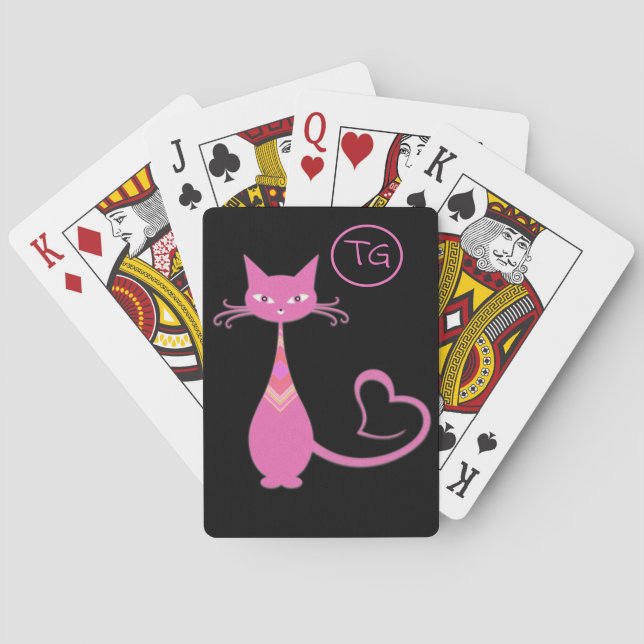 Classic Retro Pink Kitty Cat Heart Tail Monogram Poker Cards (Back)