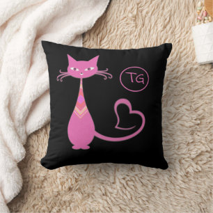 Classic Retro Pink Kitty Cat Heart Tail Monogram Throw Pillow