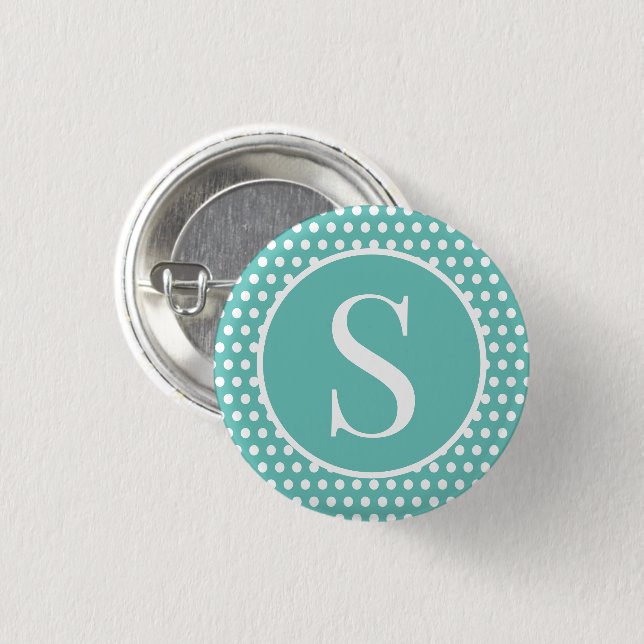 Classic Retro Polka Dots Turquoise initial letter  Button (Front & Back)
