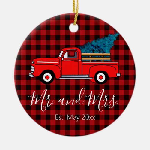 Classic retro red pickup truck red black plaid  ceramic ornament