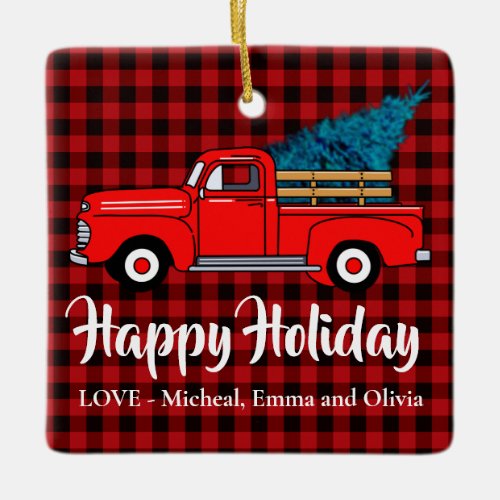 Classic retro red pickup truck red black plaid  ceramic ornament