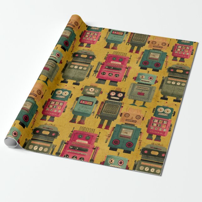 Classic Retro Robot Pattern Wrapping Paper (Unrolled)