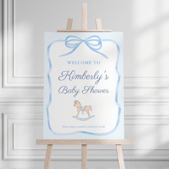 Classic Rocking Horse Boy Baby Shower Welcome Sign (Classic rocking horse baby shower for boy welcome sign with blue bow border)