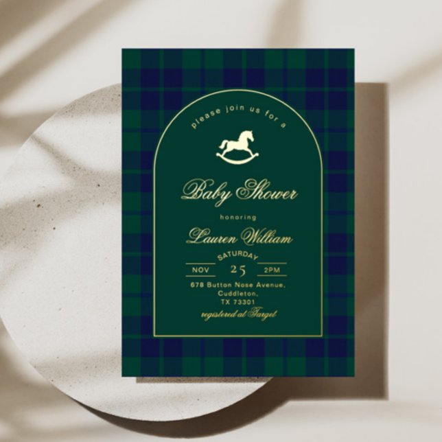 Classic Rocking horse Green Plaid Baby Shower Foil Invitation (Creator Uploaded)
