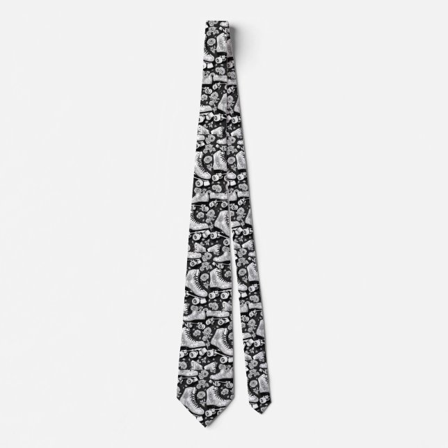Classic Roller Skates  Flowers  ,black  white  Neck Tie (Front)