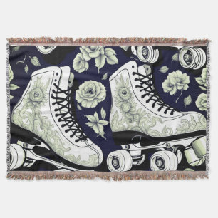 Classic Roller Skates Flowers ,black white Throw Blanket