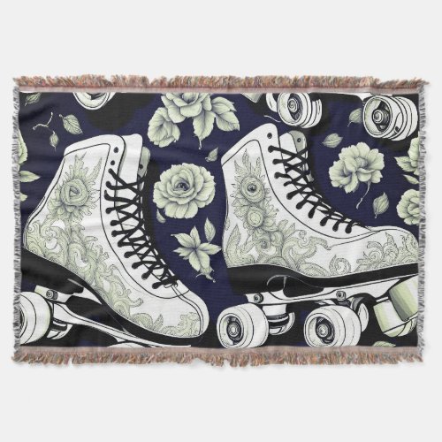 Classic Roller Skates  Flowers  black  white  Throw Blanket