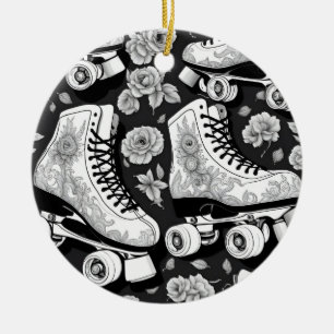 Classic roller skates, roses, black and white ceramic ornament