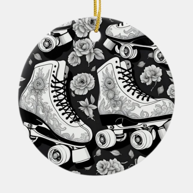 Classic roller skates, roses, black and white ceramic ornament (Front)