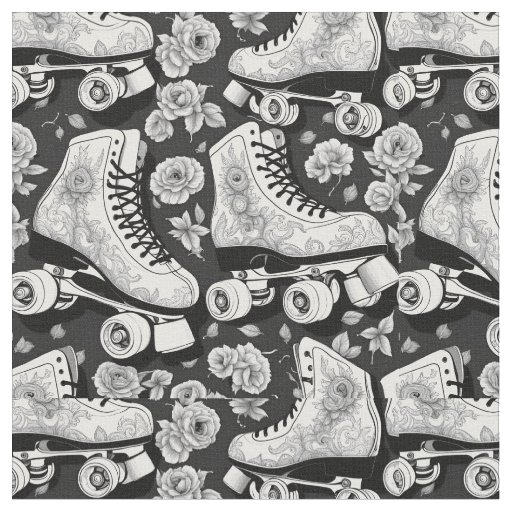 Classic roller  skates, roses, black and  white de fabric