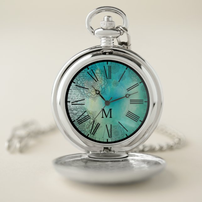 Classic Roman Numeral Custom Blue Mandela Monogram Pocket Watch (Inside)