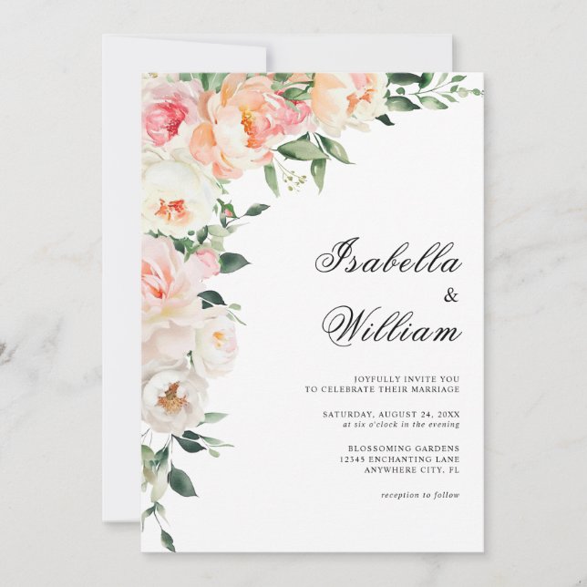 Classic Romantic Blush Peach Peonies Wedding Invitation (Front)