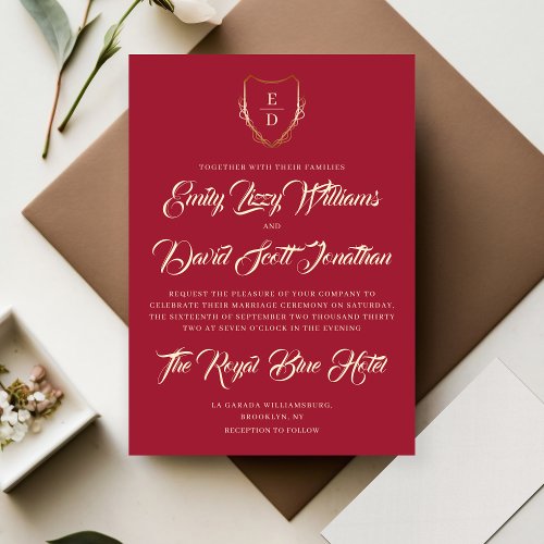 Classic Romantic Crimson Red Monogram Elegant  Invitation