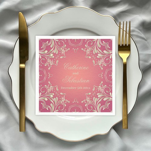 Classic Romantic Gold Pink Ornate Border Wedding Napkins