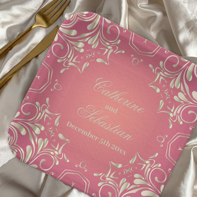 Classic Romantic Gold Pink Ornate Border Wedding Paper Plates (Creator Uploaded)