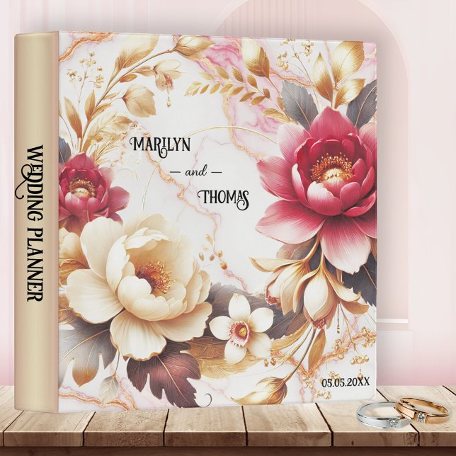Classic Romantic Roses Wedding Planner Binder (Romantic wedding planner binder featuring a classic design with roses in pink and ivory)