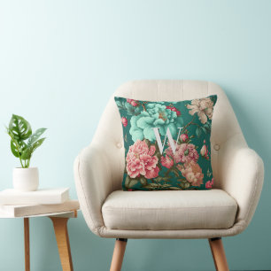 Classic Romantic Teal and Pink Floral Monogrammed Throw Pillow