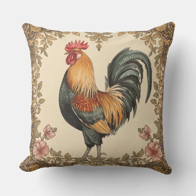 Classic,Rooster , Flowers Pattern, Vintage Throw Pillow (Front)