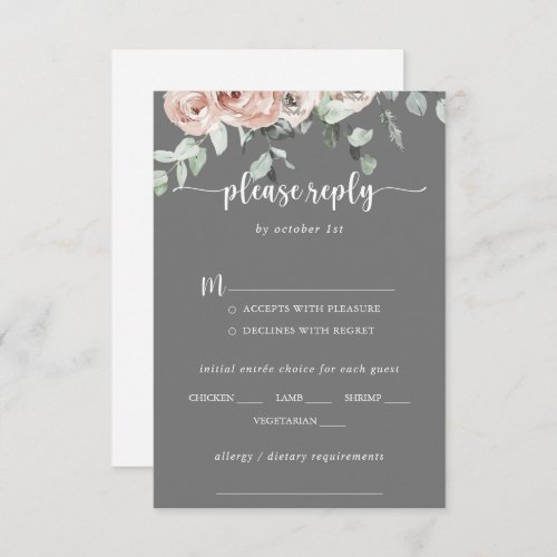 Classic Rose Floral Gray Wedding Menu Choice RSVP