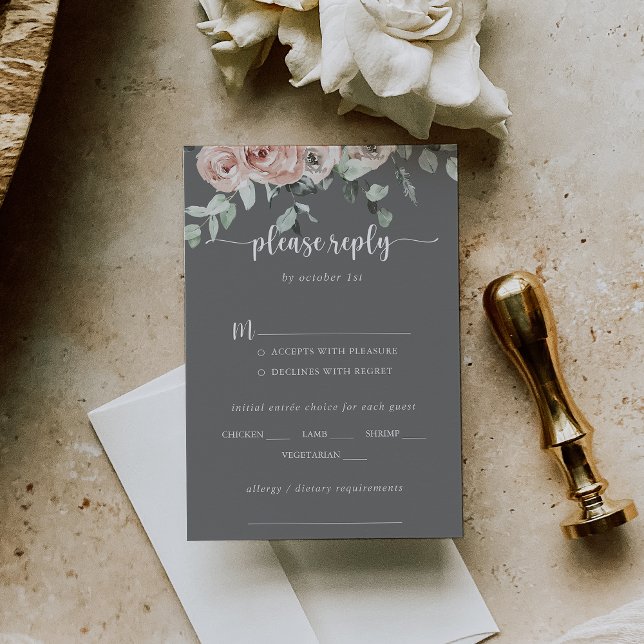Classic Rose Floral Gray Wedding Menu Choice RSVP (Creator Uploaded)