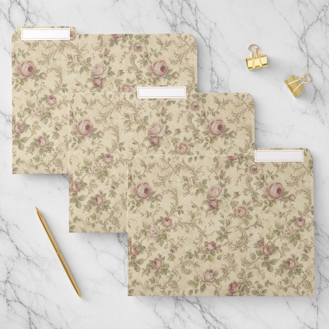 Classic Rose Floral Pattern Cream File Folder