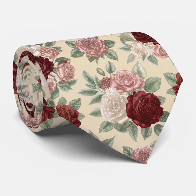 Classic Rose Garden Floral Pattern Neck Tie (Rolled)