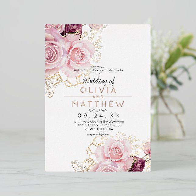 Classic Rose Gold Blush Flora Wedding  Foil  Invitation (Standing Front)
