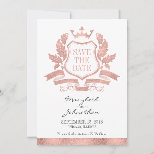 Classic Rose Gold Crest Save The Date Card