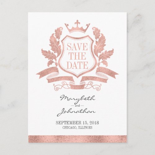 Classic Rose Gold Crest Save The Date Postcard
