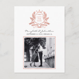 Classic Rose Gold Crest Save The Date Postcard