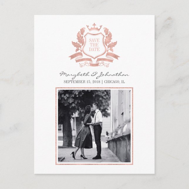 Classic Rose Gold Crest Save The Date Postcard (Front)