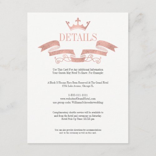 Classic Rose Gold Crest Wedding Details Card