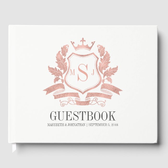 Classic Rose Gold Crest Wedding Guest Book (Front)