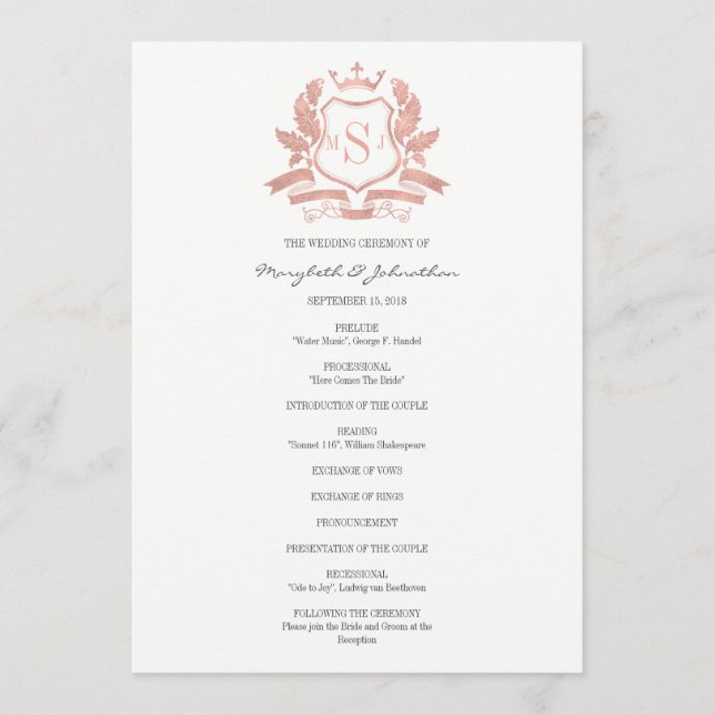 Classic Rose Gold Crest Wedding Program (Front)