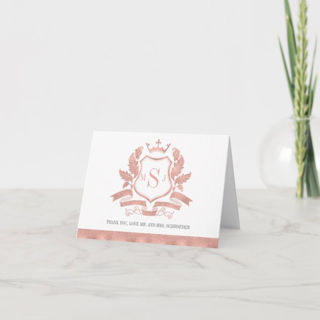 Classic Rose Gold Crest Wedding Thank You Card (Front)