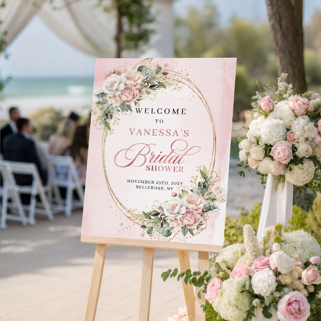 Classic Rose Gold Floral Eucalyptus Bridal Shower  Poster (Classic Rose Gold Floral Eucalyptus Bridal Shower Sign)