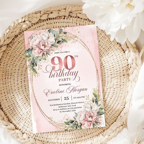 Classic Rose Gold Floral Greenery 90th Birthday 