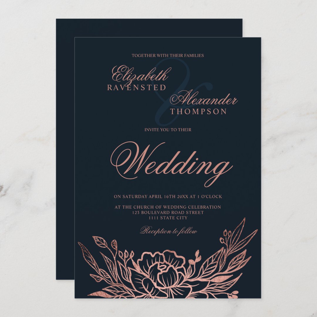 Classic rose gold floral peonies navy blue wedding invitation | Zazzle