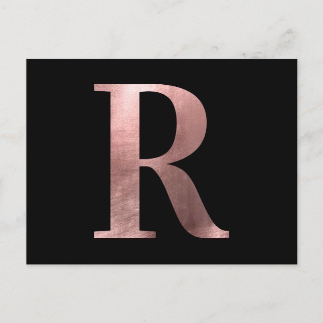 Classic Rose Gold Foil Monogram R on Black Postcard (Front)