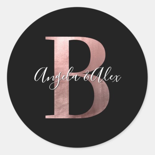 Classic Rose Gold Foil Wedding Monogram B Black Classic Round Sticker