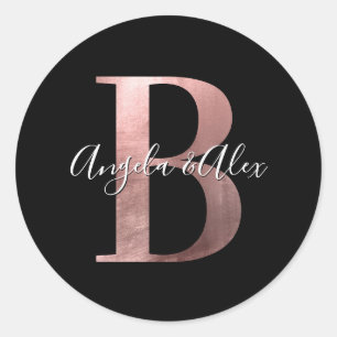 Classic Rose Gold Foil Wedding Monogram B Black Classic Round Sticker
