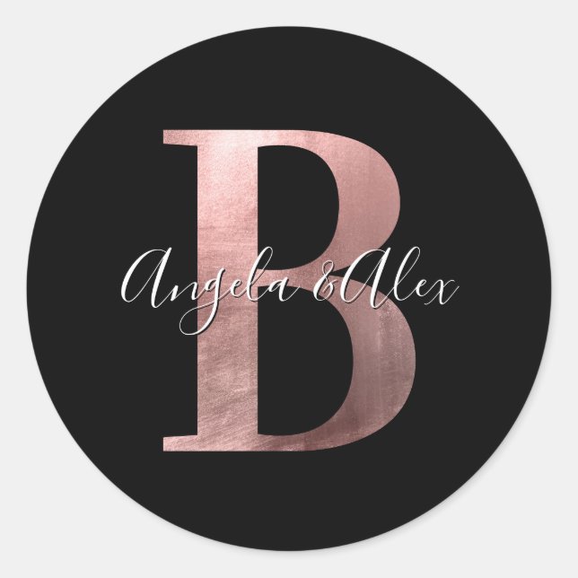 Classic Rose Gold Foil Wedding Monogram B Black Round Sticker (Front)